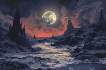 Alien Landscape Under a Full Moon