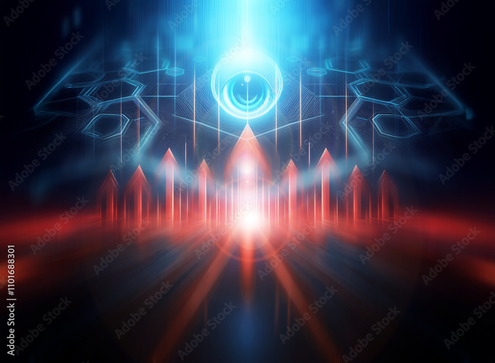 Aufkleber A glowing abstract image of multiple red arrows pointing upward on a black background. There are blue and red streaks of light in the background.