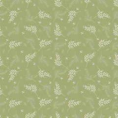 Seamless pattern with plant elements. Twigs, leaves, curls, light branches on an olive background