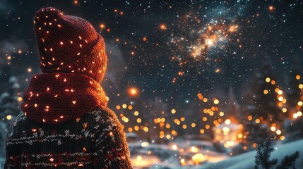 Winter Wonderland: A child gazes in awe at a breathtaking winter night sky filled with twinkling lights and snowfall. The magical scene evokes a sense of wonder and tranquility. 