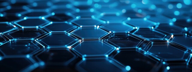 Abstract hexagonal pattern in glowing blue tones, perfect for technology or digital themes, Ideal for backgrounds, website designs, or presentations focused on innovation and modern advancements,