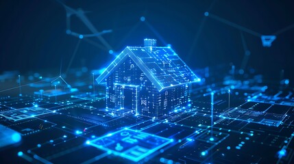 A digital representation of a house surrounded by technology, symbolizing smart home concepts and innovation.