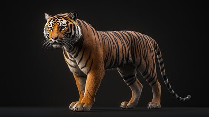 Obraz premium A majestic tiger stands out against a somber black backdrop, its piercing gaze capturing the viewer's attention. The tiger's vibrant coat, striped with bold black and orange
