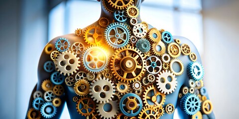 Obraz premium Abstract Human Figure Gears Teamwork Collaboration Technology Concept with Copy Space in Photo Stock