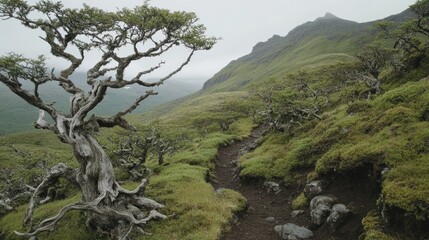 Obraz premium Morning mist over a forest path, greenery abundant, with a gnarled tree standing guard on the left.