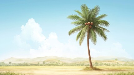 Palm tree with coconuts in a wide green landscape nature scene vibrant environment