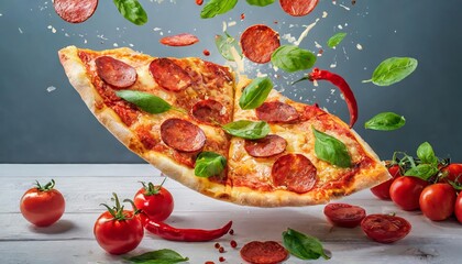 Mouthwatering template featuring a delicious, cheesy slice of pepperoni pizza flying against a clean white background, showcasing a tantalizing view perfect for food branding and