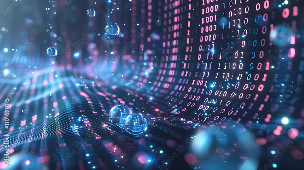 Poster a digital landscape featuring binary code and bubbles, representing data flow and technology.