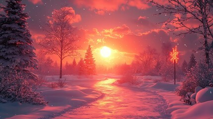Winter Wonderland Sunset: A magical winter scene unfolds with a vibrant sunset casting a warm glow over a snow-covered path winding through a frosty forest.