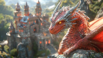 Dragon's Lair: A majestic red dragon with piercing yellow eyes surveys its domain, a towering stone castle, in a fantastical landscape. This enchanting image evokes a sense of power, magic.