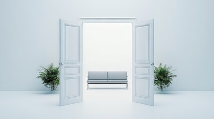 Open white door in a modern interior, showing a simple room with a couch and a green plant nearby.