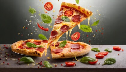 Template featuring a delicious and visually appealing slice of pepperoni pizza flying against a clean white background, perfect for food advertisements, social media promotions, or menu