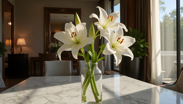 Photorealistic elegant oriental lily in full bloom, standing modestly in an elegant crystal vase
