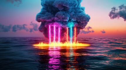 Colorful explosion in ocean with vibrant smoke and light effects