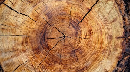 Naklejka premium Wooden tree trunk showing annual rings and natural textures in sunlight