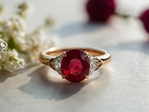 An elegant ruby engagement ring with a prominent solitaire, set on a slender gold band.