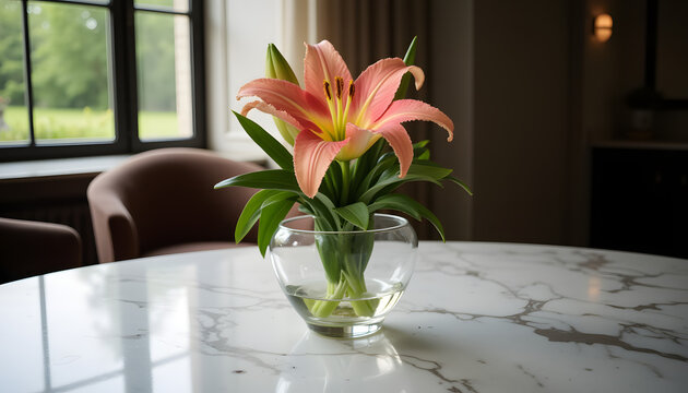 Photorealistic elegant oriental lily in full bloom, standing modestly in an elegant crystal vase