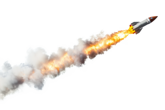 rocket launch upward with fire and smoke trail isolated transparent white background
