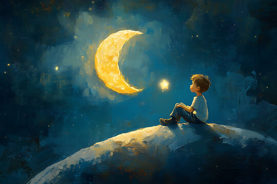 A boy gazes at a crescent moon and star, evoking wonder and imagination in a dreamy night sky.