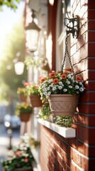 Hanging flower pots adorn a sunlit brick wall on a charming street, AI