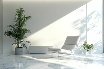 Minimalist room, white chair, plants, marble floor.