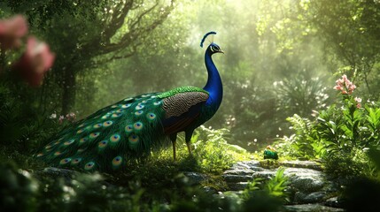 Obraz premium Majestic Peacock in Lush Green Forest Habitat