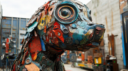 Fototapeta premium colorful sculpture of dog made from recycled materials, showcasing creativity and artistry in workshop setting. vibrant colors and textures highlight innovative use of waste