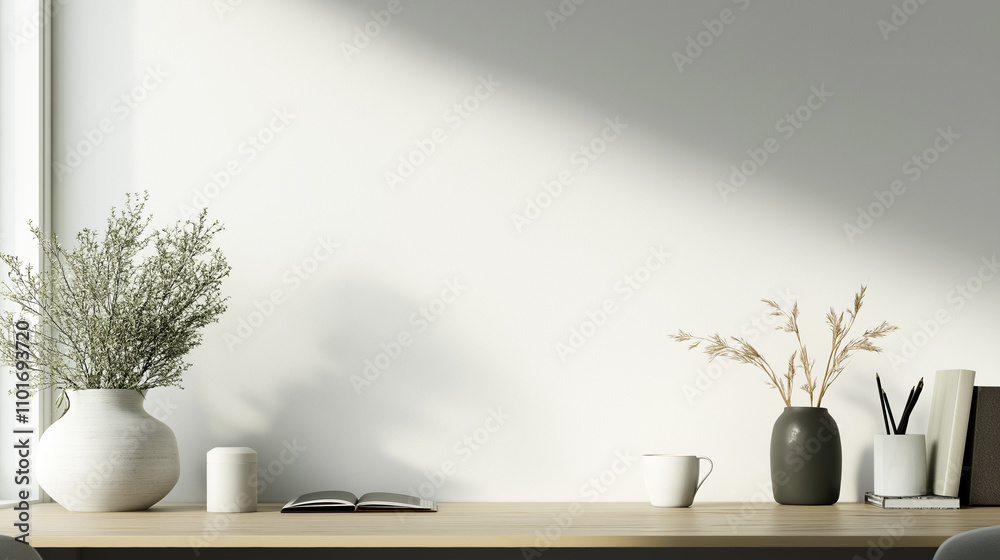 Poster table background with light and vases home interior design. table copy space podium mock up white wa