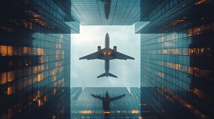 airplane in the air over skyscrapers