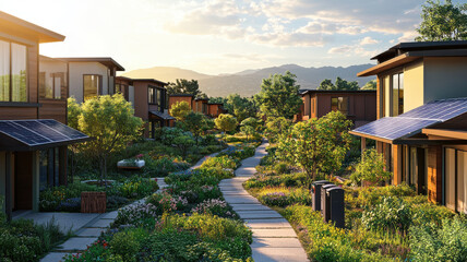 Fototapeta premium picturesque view of sustainable community featuring modern homes with solar panels, surrounded by lush greenery and vibrant gardens. serene pathway invites exploration and connection with nature