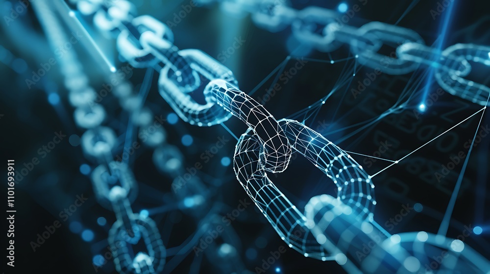 Poster a digital representation of interconnected chains, symbolizing blockchain technology and data securi