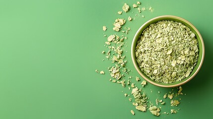 Green Matcha Oatmeal in a Bowl with Crumbs Scattered on a Green Background
