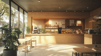 stylish cafe interior featuring natural wood elements, large windows, and cozy atmosphere. space promotes sustainability with plants and welcoming design