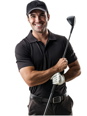 Smiling man holding golf club, wearing black polo and cap