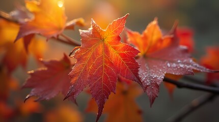A close-up macro shot of a curled autumn leaf, resembling a canyon. The leaf’s veins form intricate patterns, while golden-orange tones dominate the frame. Tiny water droplets are scattered across it