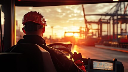Obraz premium Realistic crane driver in a high-tech port, sunset in the background, Dynamic Composition, back view 