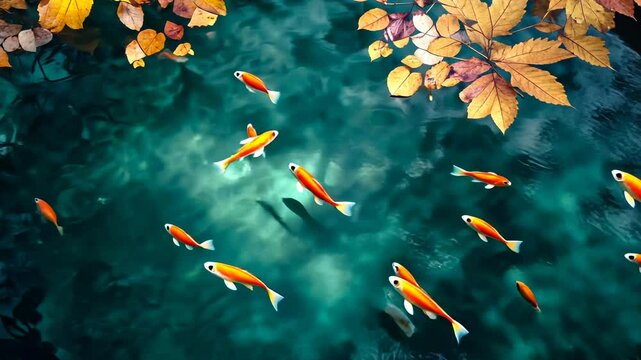 Red koi fish swim in a pond with teal water and fallen autumn leaves.
