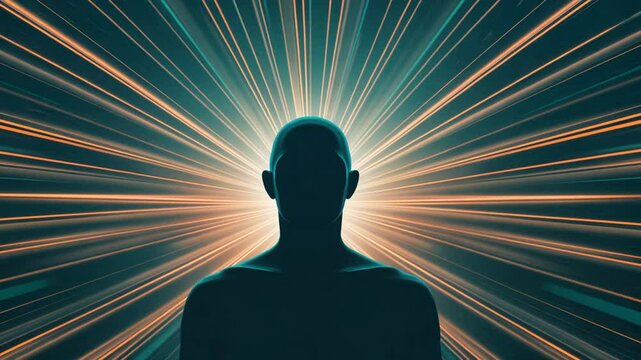 Silhouette of a head with radiant light rays, thoughts and ideas