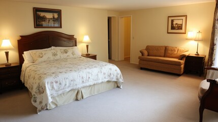 Cozy and Inviting Hotel Room with Modern Decor Featuring a Queen Bed, Soft Lighting, Elegant Furnishings, and Comfortable Seating for a Relaxing Stay Experience