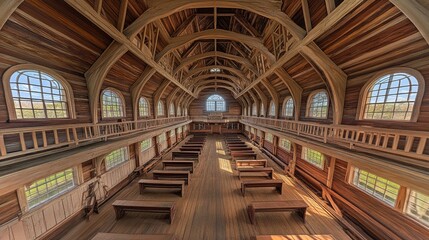 Spacious, empty courtroom with wooden walls, high ceilings, and natural light streaming in.