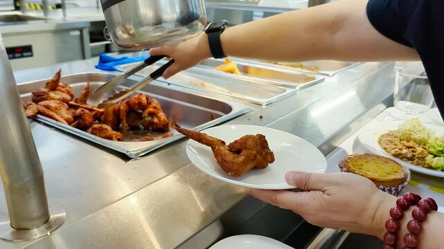 The motion of woman taking hot chicken wings at food court area inside Ikea store