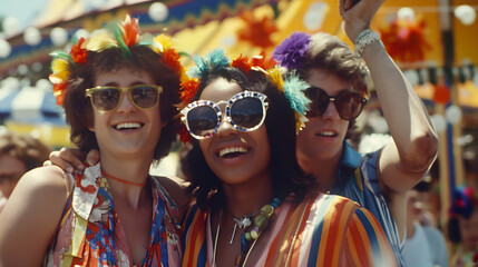 Three friends in vibrant attire and flower crowns happily immerse themselves in the lively ambiance of a 70s themed carnival, embodying the carefree essence of the era
