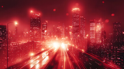 Fototapeta premium A vibrant city skyline illuminated in red, showcasing a dynamic urban atmosphere at night.