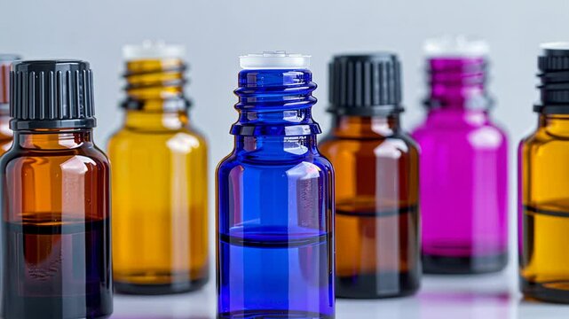 Colorful essential oil bottles arranged in a row