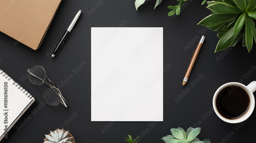 Poster empty black table with office supplies and blank white empty paper sheet notepad textbook. office ba