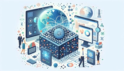 Flat Quantum Computing Climate Modeling: Close-Up of Quantum Bits Processing Climate Data in Vector Art