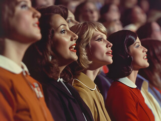 Fototapeta premium Four women performing in a 1970s choir concert, displaying vintage fashion and hairstyles while singing with harmony and grace, evoking nostalgia for the audience