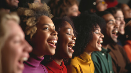 Obraz premium Multi ethnic gospel singers in vibrant 70s retro attire deliver an uplifting and passionate performance, filling the air with joy and energy