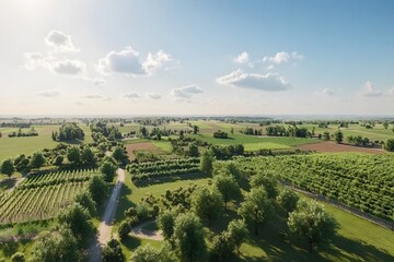 Fototapeta premium Aerial view of lush green fields and trees under a bright sky with scattered clouds.