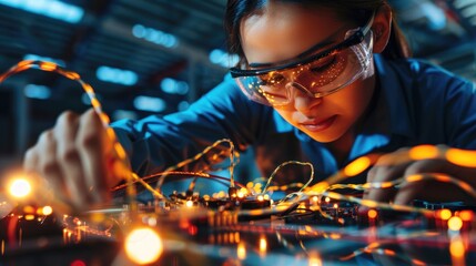 A focused individual works on a complex circuit board, surrounded by glowing wires and electronic components, showcasing technical skills and precision.